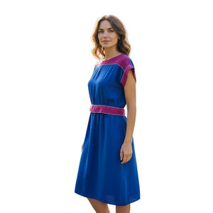 NILANI Women 8 10 Silk Dress Y2K Royal Blue Magenta Short Sleeve Belted Vintage